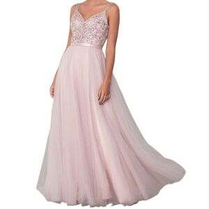 DANCING QUEEN Pink Long V-Neck Tulle Prom Dress With Rhinestones Medium